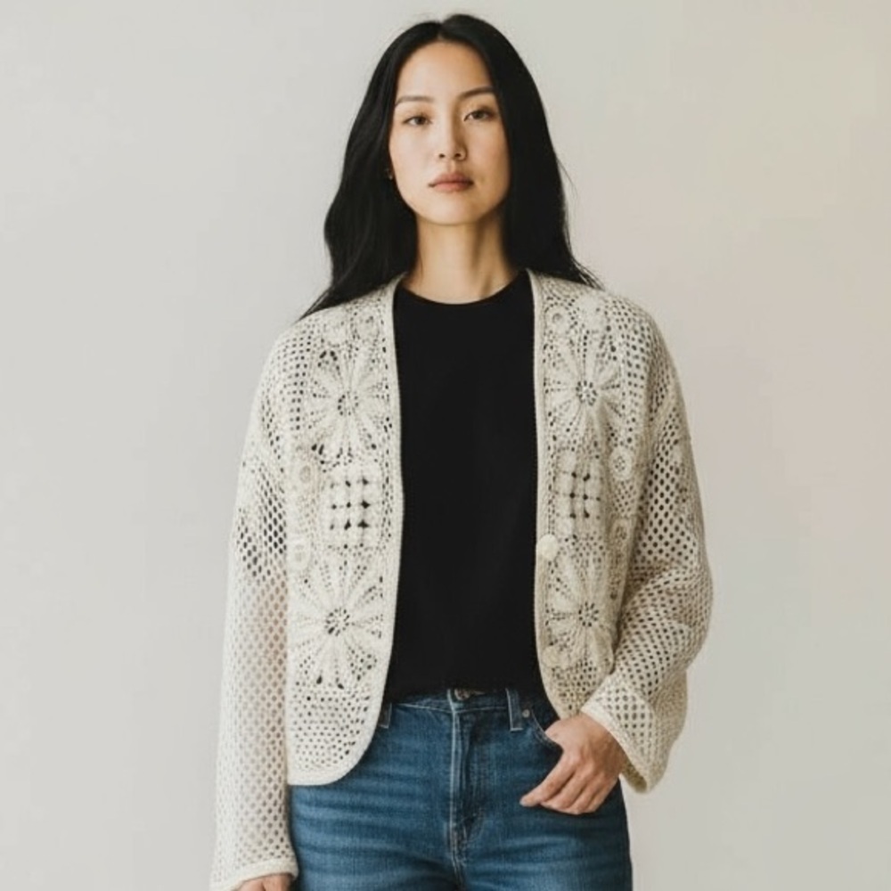 Vintage Christopher & Banks Cream Crochet Knit Cardigan